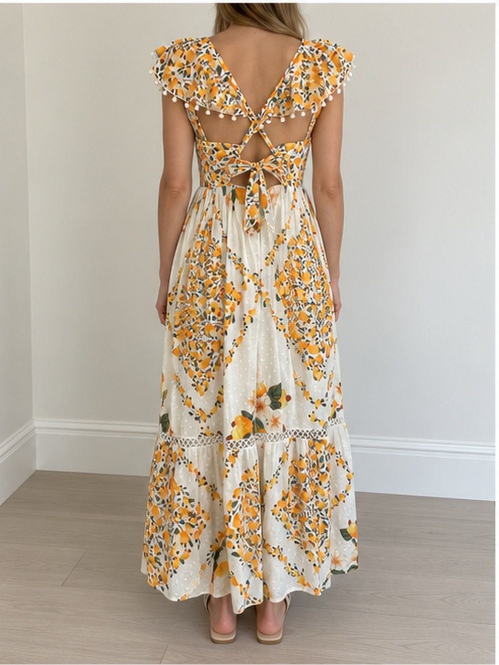 FARM Rio Cashew Ruffle Crossback Maxi Dress White Orange Floral S - Picture 13 of 16